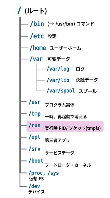 FHS(Filesystem Hierarchy Standard)主要ディレクトリ階層図。/(ルート)から /bin(→/usr/binリンク)/etc(設定)/home(ユーザーホーム)/var(可変データ。配下に /var/log /var/lib /var/spool)/usr(プログラム実体)/tmp(一時、再起動で消える)/run(実行時PID/ソケット、tmpfs)/opt(第三者アプリ)/srv(サービスデータ)/boot(ブートローダ・カーネル)/proc・/sys(仮想FS)/dev(デバイス)が枝分かれ