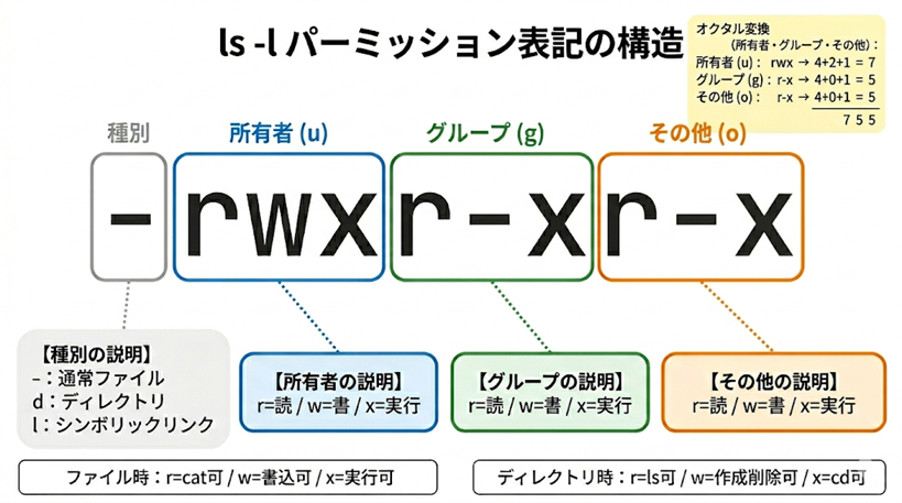 ls -lのパーミッション表記「-rwxr-xr-x」を構造分解した図。先頭1文字は種別(- ファイル / d ディレクトリ / l シンボリックリンク)、続く9文字は3文字ずつのrwx組で所有者(u 青)・グループ(g 緑)・その他(o 橙)に色分け。右上にオクタル変換(rwx=4+2+1=7、r-x=4+0+1=5、合計755)を併記。下部にファイル時とディレクトリ時のrwx意味の違いを補足