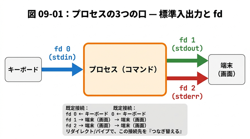 プロセスの3つの口（標準入出力とfd）の概念図。中央のプロセスボックスから、左側のキーボードからfd 0(stdin、青)で入力、右側の端末（画面）へfd 1(stdout、緑)とfd 2(stderr、赤)で出力。リダイレクト・パイプはこれらの接続先を「つなぎ替える」操作