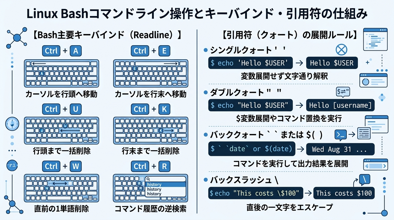 Linux Bashコマンドライン操作とキーバインド・引用符の仕組み