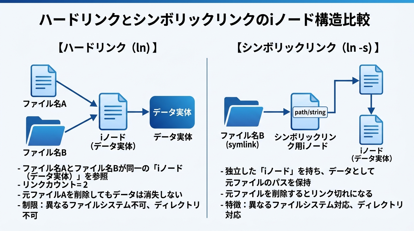 ハードリンクとシンボリックリンクのiノード構造比較