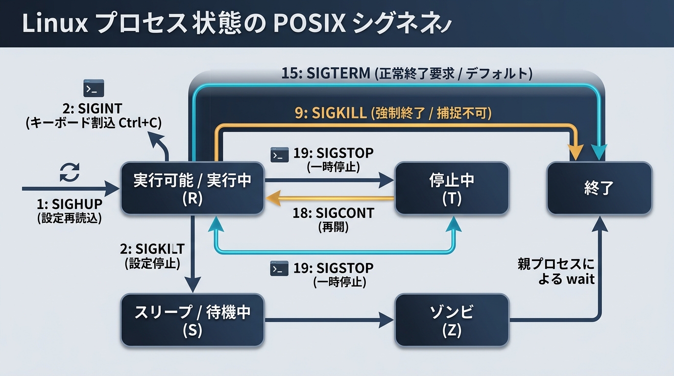Linuxプロセス状態遷移と主要シグナル体系