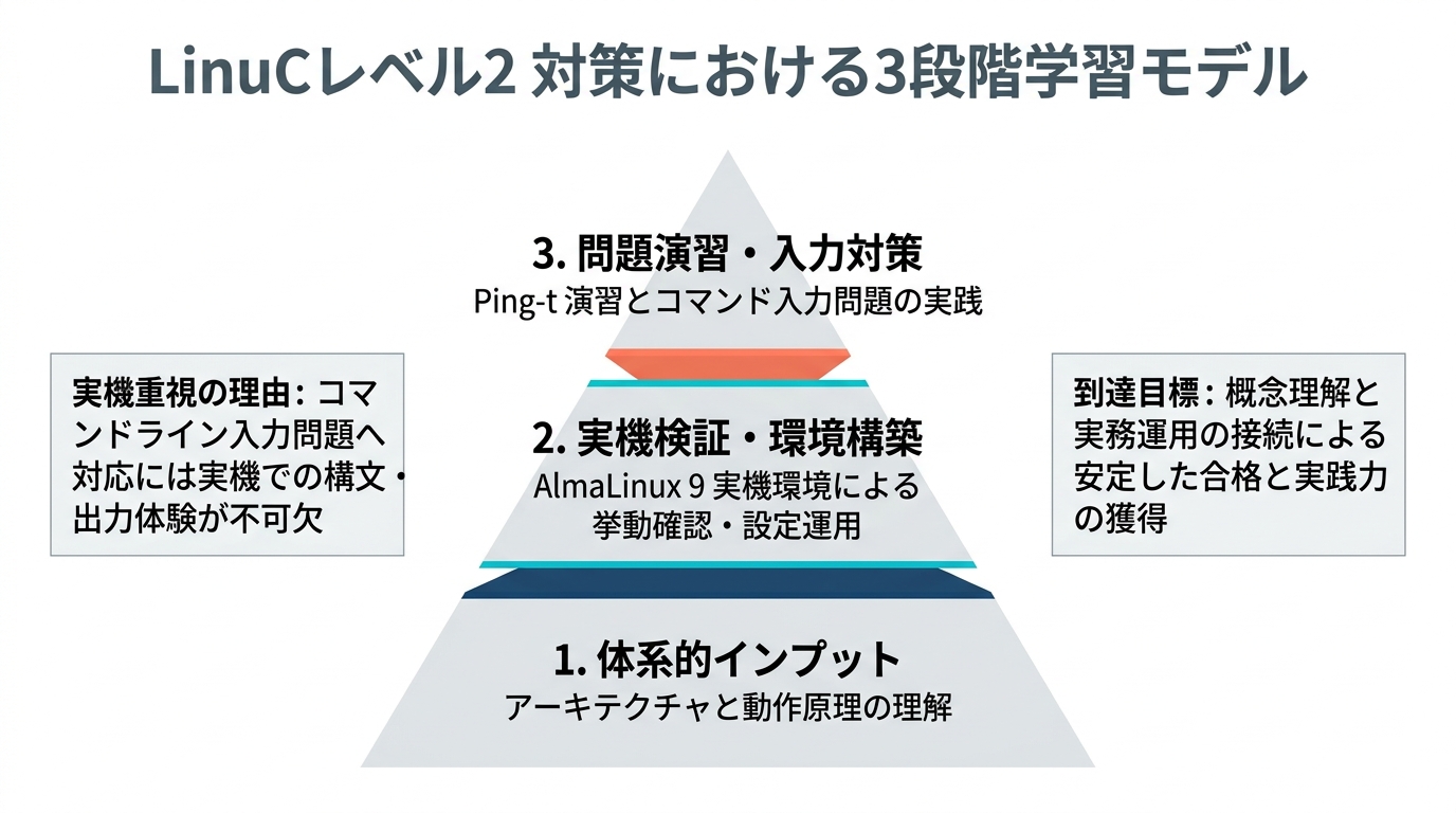 LinuCレベル2の3層学習モデル(概念理解・実機検証・問題演習)