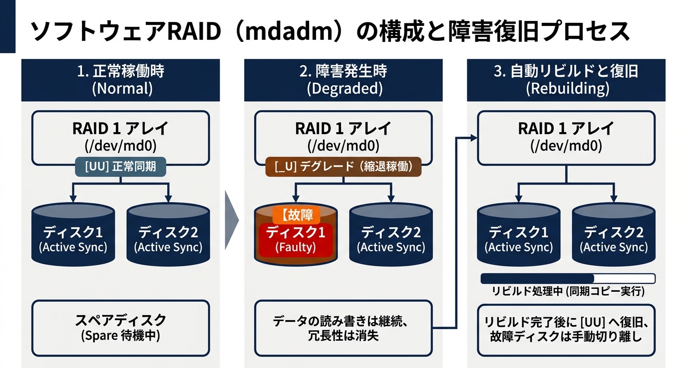 ソフトウェアRAID(mdadm)の構成と障害復旧プロセス(正常稼働・デグレード・自動リビルド)