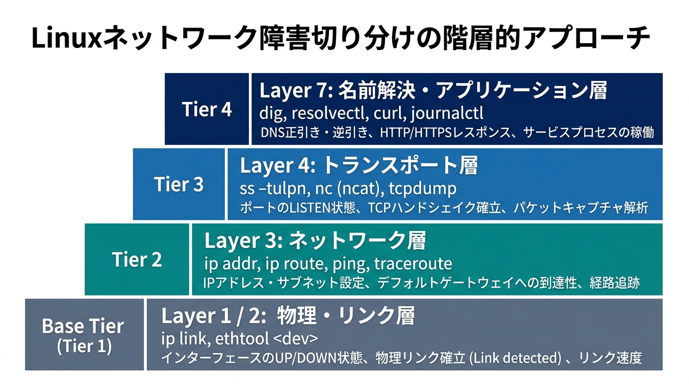 Linuxネットワーク障害切り分けの階層的アプローチ(レイヤー1からレイヤー7までの調査ツールと確認事項)