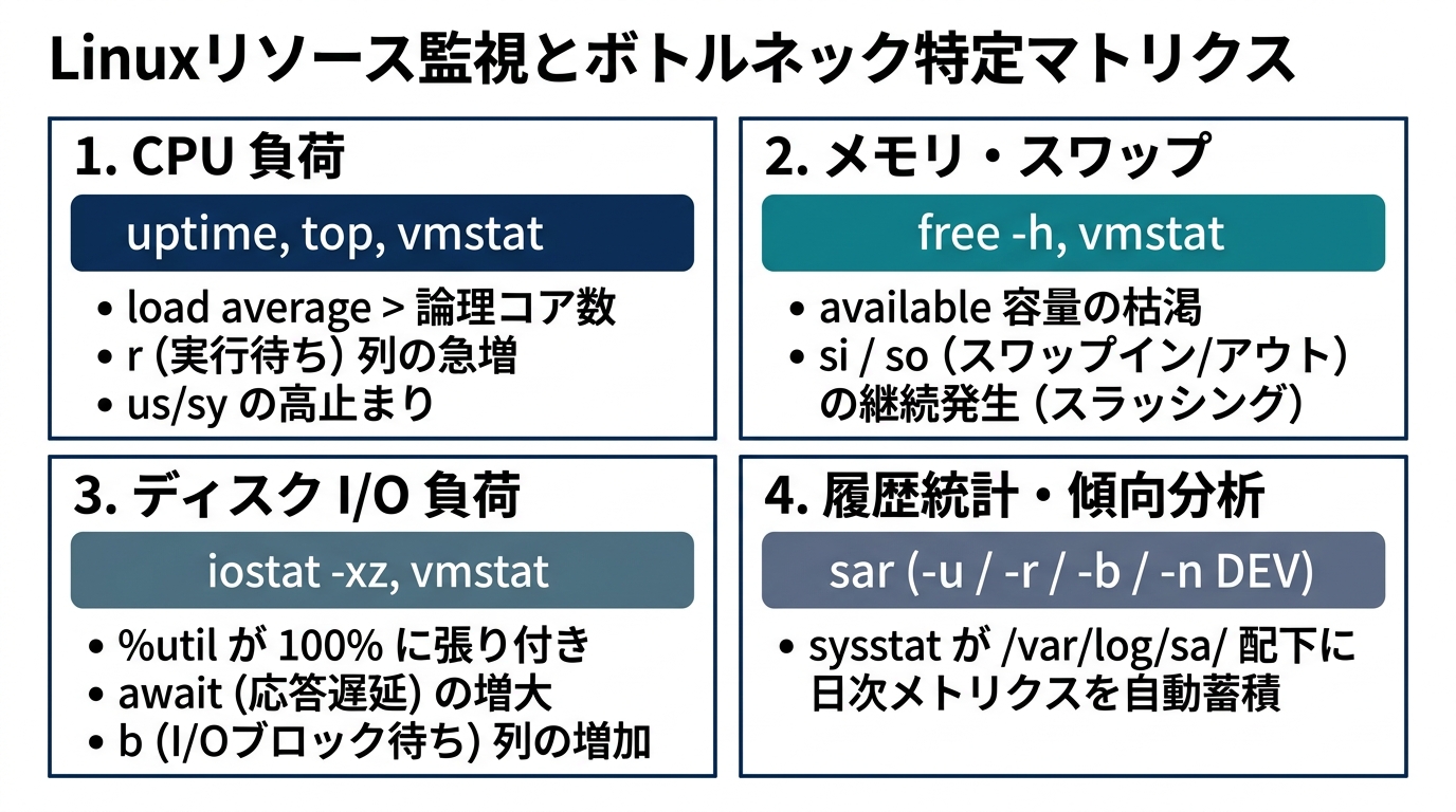 Linuxリソース監視とボトルネック特定マトリクス(CPU・メモリ・ディスクIO・履歴統計)
