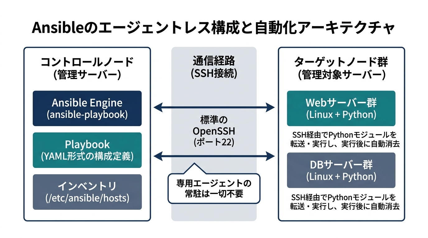 Ansibleのエージェントレス構成と自動化アーキテクチャ(コントロールノードからSSH経由でターゲットノードへ指示)
