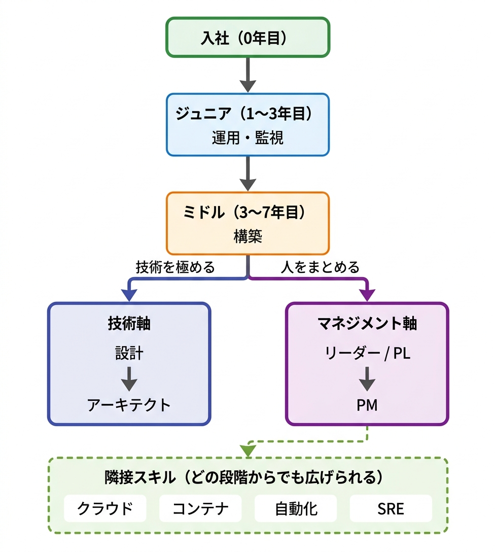 インフラエンジニアのキャリアパス図。入社後ジュニア(運用・監視)からミドル(構築)を経て、技術軸(設計→アーキテクト)とマネジメント軸(リーダー→PM)に分岐する。どの段階からもクラウド・コンテナ・自動化・SREといった隣接スキルに広げられる。