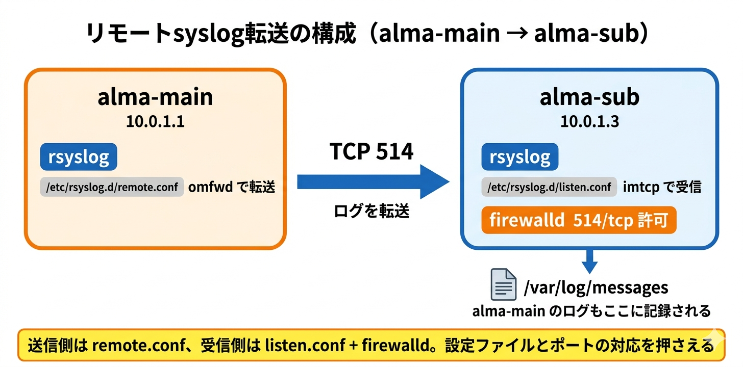 リモートsyslog転送の構成図。alma-mainのrsyslogがremote.conf（omfwd）の設定でTCP 514経由でログを転送し、alma-subのrsyslogがlisten.conf（imtcp）で受信して/var/log/messagesに記録する。alma-sub側ではfirewalldで514/tcpを許可する必要がある