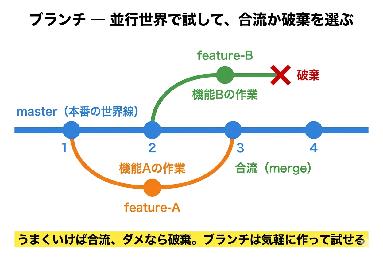 Gitのブランチ概念。最初のコミットから2つ目まではmasterが進む。そこからfeatureブランチが分岐し、featureでは3つ目のコミットが追加されるが、masterには影響しない。checkoutで切り替えると見えるファイルが変わる