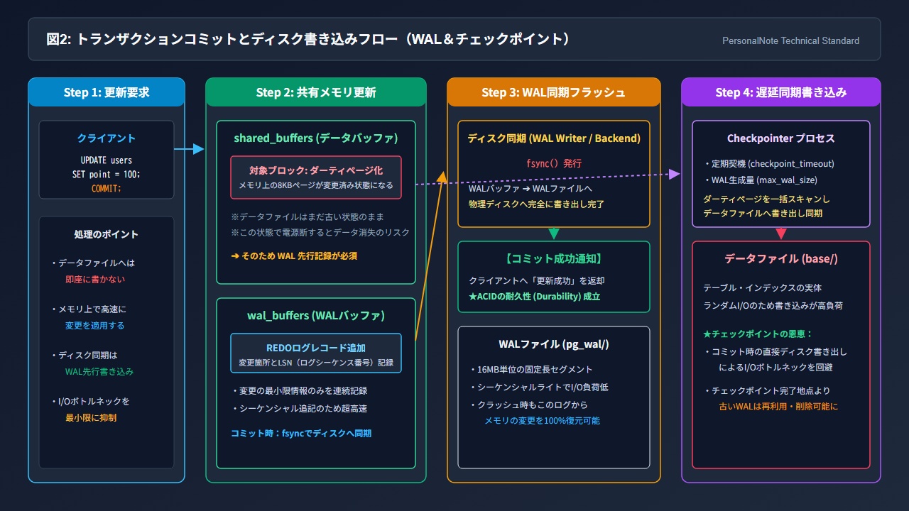 トランザクションコミットとディスク書き込みフロー(WAL&チェックポイントの同期シーケンス)