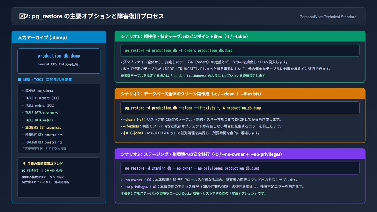 pg_restore の主要オプションと障害復旧プロセス