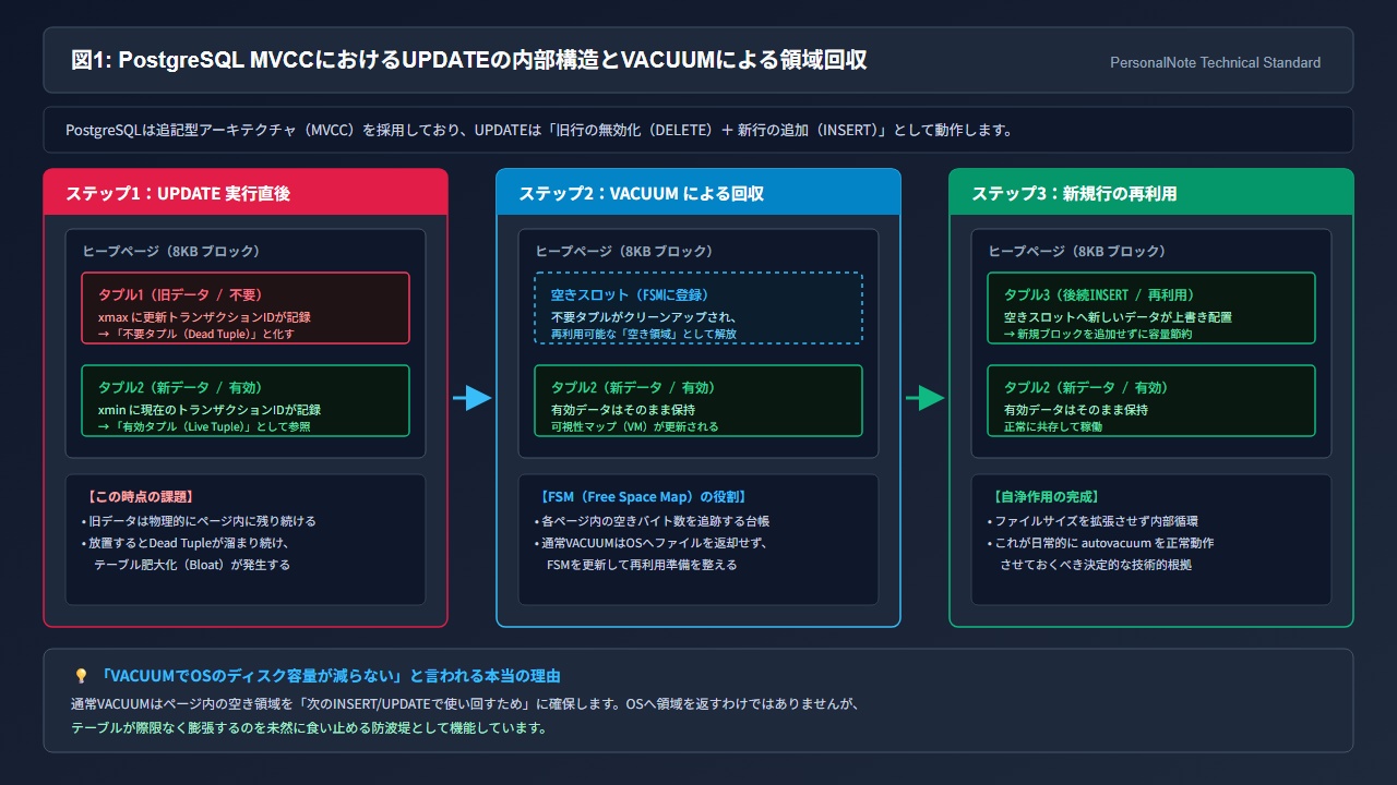 PostgreSQL MVCCにおけるUPDATEの内部構造とVACUUMによる領域回収(Dead TupleからFSMへの遷移)